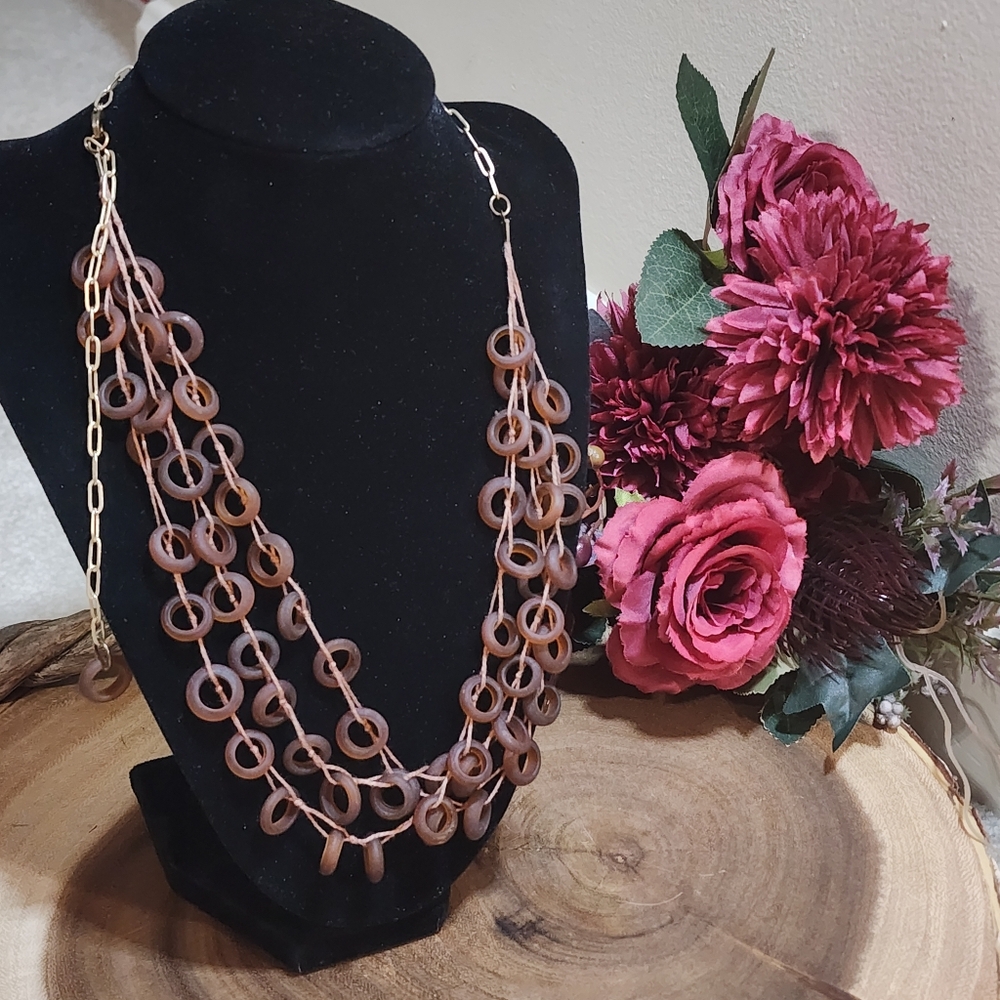Vintage Boho Layered Acrylic Multistrand Necklace Tortoise Shell Resin Circles